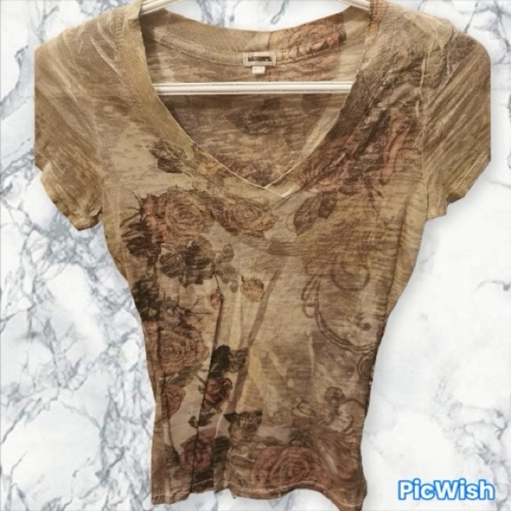 2/$20 Kismet Brown Floral V-Neck Tee sheer